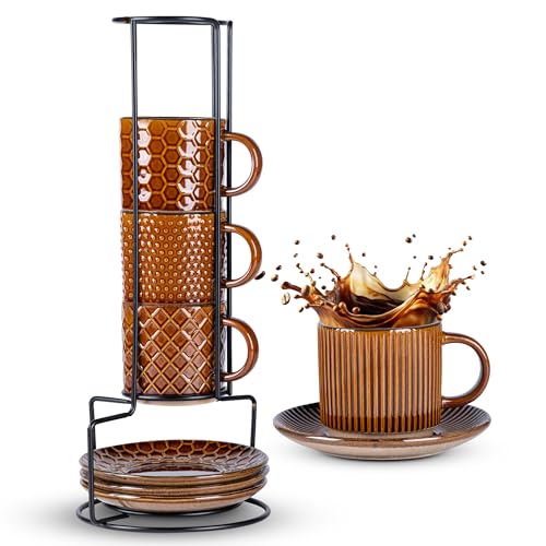 GBhome 6 OZ Stackable Coffee Mugs Set of 4, Ceramic Espresso Coffee Cups | Coffe Cups With Saucer and Stand, Dishwasher&Microwave Safe, 4 Assorted Designs - color: Caramel, size: 6 Ounce (With Stand)