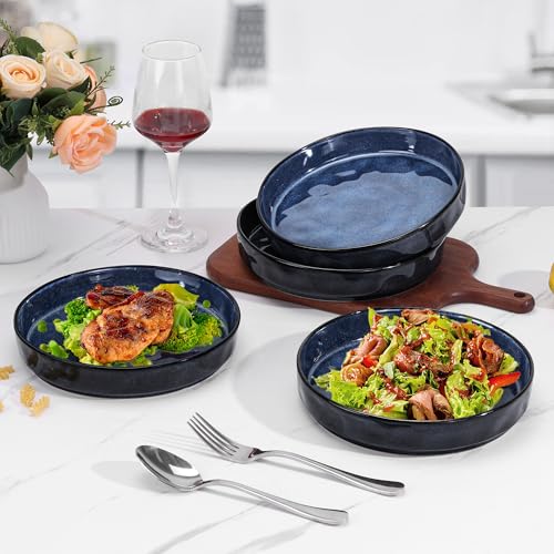 LIANYU 33oz Pasta Bowls Sets of 4, Wide Shallow Stoneware Dinner Plates | 8.25’’ Large Ceramic Serving Bowls for Salad, Noodles, Soup, Cereal, Microwave & Dishwasher Safe, Cetacean Blue - color: Cetacean Blue