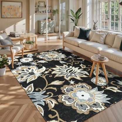 Lahome Floral Black Rug for Living Room - Washable 5 x 7 Area Rugs for Bedroom Non-Slip Ultra-Thin Large Rug Stain Resistant Dining Room Rugs, Paisley Print Accent Rugs Carpet for Office Kitchen | Non-Slip Ultra-Thin Large Bedroom Rug, Stain Resistant Din