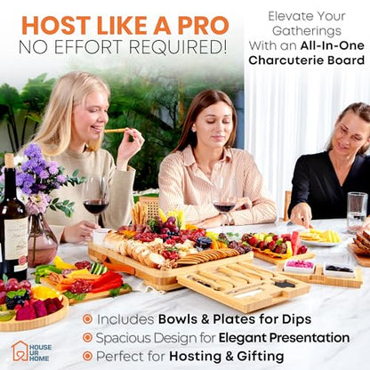 Bamboo Charcuterie Board Gift Set – Housewarming Gift for New Home, Wedding & Bridal Shower Gifts | Large Cheese Board with Hidden Drawers, Knives & Bowls | Perfect for Couples, Hosts & Housewarming