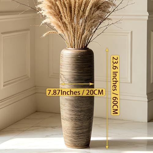 Brown Rustic Ceramic Floor Vase, 24 Inch, Ribbed Texture | Living Room, Entryway, Fireplace, Pampas Grass, Dried Branches - size: 23.6 Inch