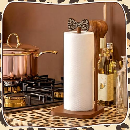Leinuosen Leopard Print Bow Paper Towel Holder Coquettish Cute Bow Wooden Paper Towel Holder Cheetah Print Bathroom Countertop Accessories Kitchen Stand Roll Organizer Standing Apartment Decor Gift - style: Leopard Print Bow