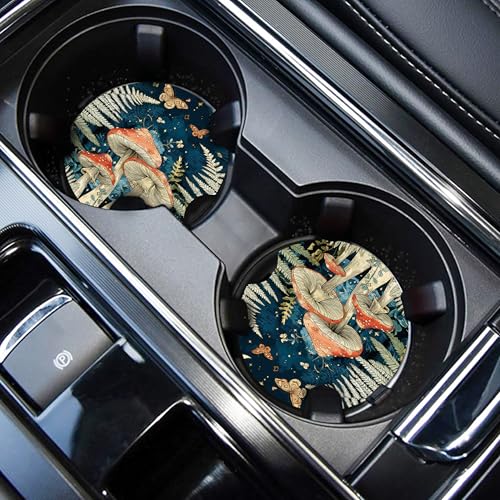 WOCOCN Cute Cup Holder Coasters for Your Car with Fingertip Grip | Auto Accessories for Women & Men,Pack of 2, Mushrooms at Night - color: Mushrooms at Night