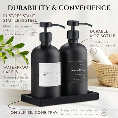 Glass Soap Dispenser Set of 2 (Black) with Silicone Tray | Hand and Dish Soap Dispenser for Kitchen and Bathroom | 16.8 Oz Glass Bottles with Stainless Steel Pump & 15 Waterproof Labels (Black) - color: Black