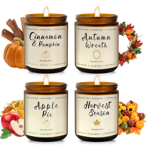 Fall Candles Gift Set – 4 Pack Scented Soy Candles for Home, Autumn Decor | Fall Decorations, Pumpkin Spice, Apple Pie, Cinnamon, Harvest – Great for Halloween & Thanksgiving Gifts - color: 4 Pack Fall Candles