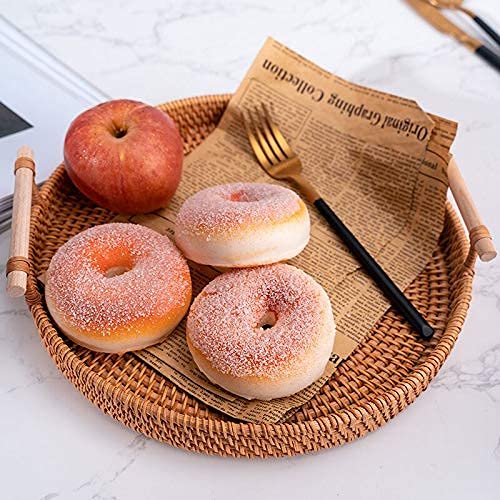 Rattan Hand Woven Round Decorative Rustic Serving Wicker Trays with Handles for Home/Social Events - Bread Basket, Vegetable, Fruits, Snacks, Crackers, Breakfast - Set of 3.