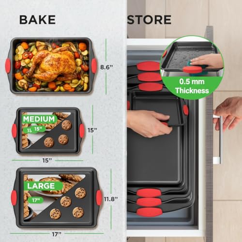 NutriChef 3-Piece Cookie Sheets for Baking, Non-Stick Baking Pans Set with Silicone Handles, Stackable Oven Trays in Small, Medium & Large Sizes for Professional and Everyday Use, 2026 Edition - size: 3-Piece Set 2026 Edition