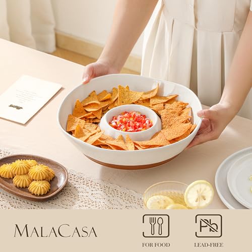 MALACASA Ceramic Chips and Dip Serving Tray, 12 Inch Dip Serving Tray | Free-Form Divided Ceramic Chips and Dip Bowls for Parties, Hosting and Entertaining, White - color: White