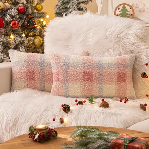 AQOTHES Pink White Plaid Christmas Throw Pillow Covers 12x20 Inch Set of 2 | Boucle Decorative Pillow Covers, Xmas Cozy Fluffy Home Farmhouse Decor, for Living Room Farmhouse Sofa Couch Bed, Pillow Case - color: Pink White, size: 20" x 12" (Pack of 2)