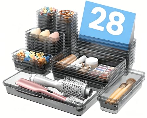 【Military Grade】A-LuGei Drawer Organizer,【𝟱𝗦𝗶𝘇𝗲】Makeup organizer,【Holds 177 Items】Bathroom Organizers and Storage,Organization and Storage,Desk Drawer Organizer for Vanity【Clear Black】 - color: Clear Black