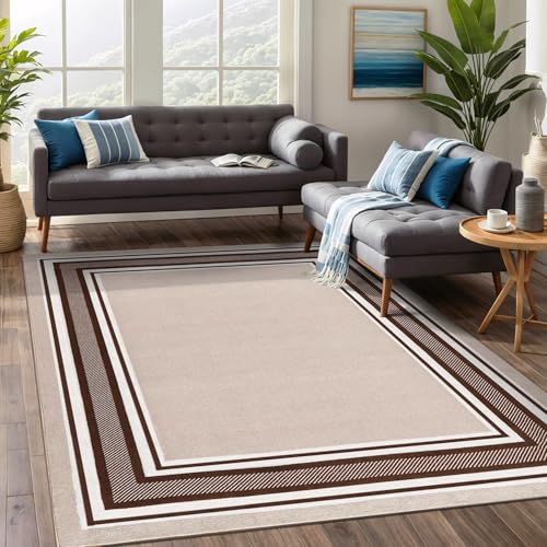 Beverly Rug Non Slip Area Rugs 5x7 Modern Bordered Non Skid Rubber Backing Soft Area Rug for Living Dining Room Easy to Clean Non Shedding Kitchen Bedroom Indoor Carpet 5 x 7 Beige-Brown - color: Beige-brown, size: 5' x 7' (Rectangular)