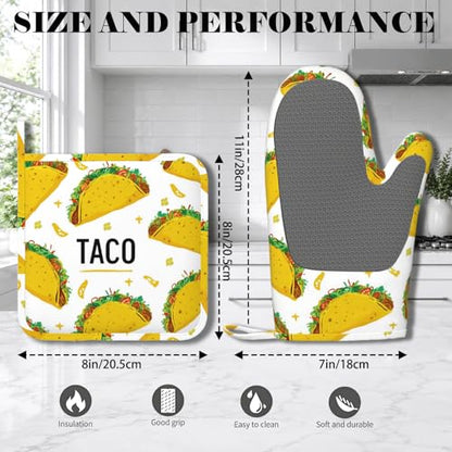 Taco Time Heat-Resistant Oven Mitts and Pot Holder Kitchen Non-Slip Silicone Cooking Microwave Gloves for Cooking Baking Grilling - color: Taco Time