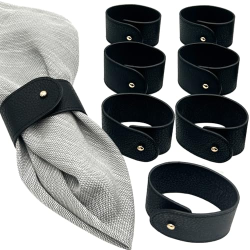 Luxury Leather Napkin Rings Set of 8, Black, Morgan Faux style, Modern Cuff Design for Wedding Party Decorations, Kitchen, Holiday Table ,Rust Proof,Hotel, Home, Table Accessories, Dining