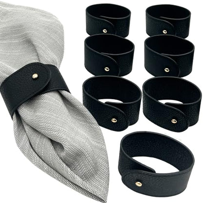 Luxury Leather Napkin Rings Set of 8, Black, Morgan Faux style, Modern Cuff Design for Wedding Party Decorations, Kitchen, Holiday Table ,Rust Proof,Hotel, Home, Table Accessories, Dining