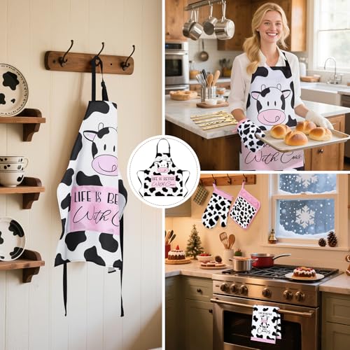 Funnymoom 10 Pcs Mother's Day Cow Kitchen Gift Set for Women Include Apron Oven Mitts Pot Holder Dish Towel Cooking Utensil Kit - style: Cow