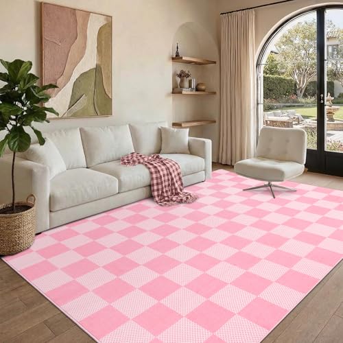 GarveeHome Checkered Pink 4x6 Washable Girls Rug Low-Pile Nursery Bedroom | Pink and White Area Rug for Living Room Girl Room Classroom Non-Slip Soft Stain Resistant Geometric Rugs TPE Backing - color: Blush Pink, size: 4' x 6' (Rectangular)