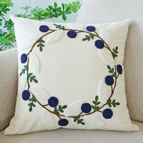 vctops Floral Embroidered Pillow Covers 18x18 Inch Spring Summer Cotton Tufted Throw Pillow Cover Outdoor Garden Cushion Case for Sofa, Bed, Living Room (Flower A,18"x18") - color: Flower a