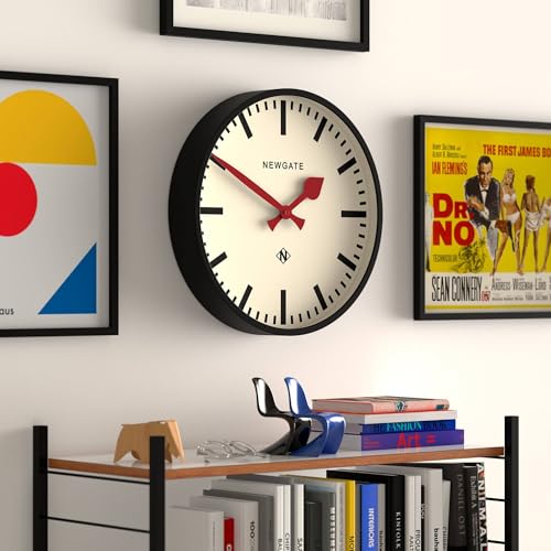 NEWGATE® Universal wall Clock | Large Modern Vintage Station Clock | 17" | Deep matt Black Metal case with red Metal Hands | Mid-Century Style for Kitchen, Living Room or Office - style: Retro