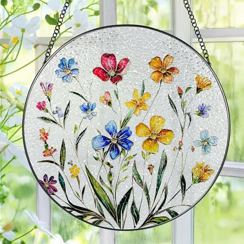 Wildflower Stained Glass Suncatcher, Stained Glass Window Hanging, 8 Inch Wildflower Window Decor, Suncatcher, Florist Gift, Gift for Flower Lovers - color: Wildflower