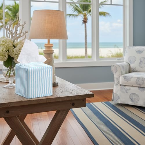 Potchen Tissue Box Cover Square Coastal Blue White Stripe for Bathroom Home | Washable Cotton, Decorative Modern, Fabric Tissue Holder, Stylish Storage, Breathable, Easy to Clean, Bedroom Office
