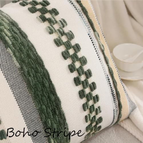 Boho Throw Pillow Covers 18x18 Inch Set of 2 Dark Green | Durable Fabric,Stripe Pillow Covers,Farmhouse Cushion Case,Chenille Pillow Cases,Neutral Pillowcase for Sofa Couch Bed - color: Dark Green Stripe, size: 18" x 18" (Pack of 2)