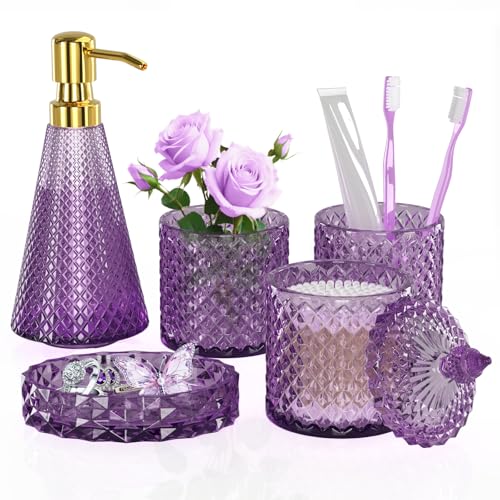 Purple Glass Bathroom Accessories Set 5 Pcs, Purple Bathroom Set, Soap Dispenser and Toothbrush Holder Set, Qtip Holder Set, Vintage Bathroom Sink Set, Cute Bathroom Decor - style: purple