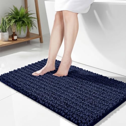 Disolla Navy Blue Bathroom Rug 24x44 Inch - Thick Chenille Bath Mat, Large Shaggy Plush Absorbent Rug, Non-Slip Machine Washable Floor Mat for Double Vanity - color: Navy Blue, size: 2' x 3'8" (24''x44'' Bathroom Rug)