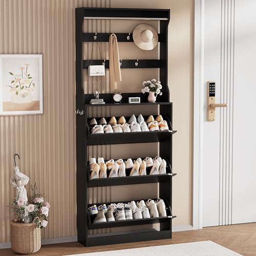 Shoe Storage Cabinet, Wood Shoe Organizer for Entryway with 3 Flip Drawers, Freestanding Shoe Rack with Adjustable Shelf, Narrow Shoe Dresser for Front Door Entrance (Black, Tall 3 Drawers) - color: Black, size: Tall 3 Drawers