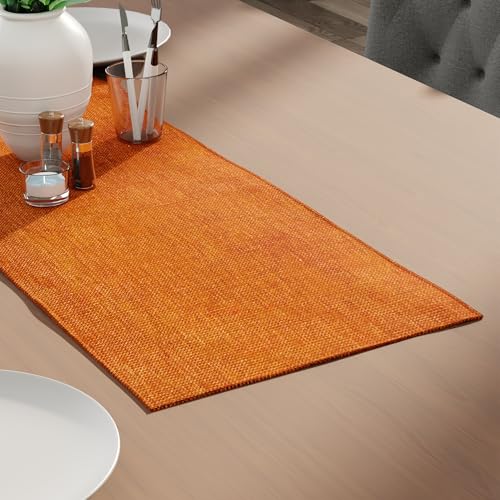 Encasa XO Table Runner 2 Seater, Chenille Fabric 13"x36" Orange | Premium Soft Polyester Yarns | Ribbed Textured Surface | Machine Washable & Shrink Resistant | Dining Decor - color: Orange, size: 13x36 in