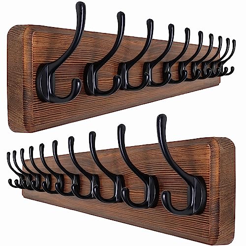 SKOLOO Rustic Wall Mounted Coat Rack, Case of 2, Pine Solid Wood Coat Hook Hanger - 10 Hooks for Hanging Clothes Robes Towels Coats - color: Brown Plate & Black Hook, size: 2 Item-10 Hooks