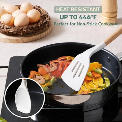 Silicone Cooking Utensils Kitchen Utensil Set - 446°F Heat Resistant Silicone Kitchen Utensils Set, Spatula,Turner Tongs, Spoon, Brush, Whisk,Kitchen Gadgets for Nonstick Cookware, BPA Free (White) - color: White