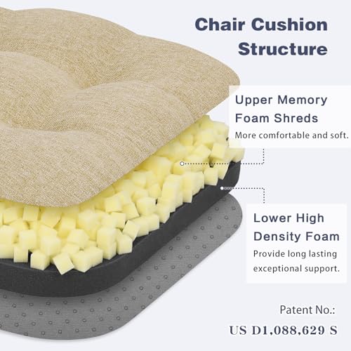 baibu Patented Dining Chair Cushions, 4 Pack, 16.5 x 16.5 x 3.5 in, Beige | Dual-layer memory foam cushions with silicone non-slip bases, secure ties and removable machine-washable covers. - color: Beige, size: 4 Count (Pack of 1)