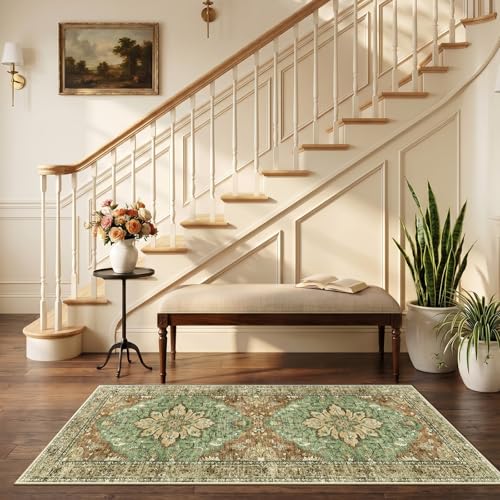 RELEANY Washable Area Rug, Runner 2'6"x5', Brick/Brown/Green | Non-Slip, Water Repellent, Pet Friendly, Easy to Clean, Vintage Floral Boho Decor for Kitchen Entry Bedroom Bedside Laundry - color: Brick/Brown/Green, size: 2'6" X 5' (Runner)