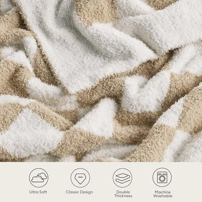 Snuggle Sac Checkered Bedding Blanket Twin Size 60x80, Super Soft, Cozy Warm Knit Blankets, Reversible Breathable Lightweight Fluffy Throws for Sofa, Bed, Checkered Beige, 60x80 Inches - color: Checkered Beige, size: Twin(60"x 80")
