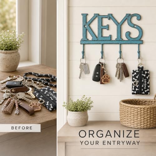Comfify Rustic Blue Cast Iron Key Holder for Wall – Keys Sign with 4 Hooks | Rustic blue antique finish; mounting hardware included; entryway, hallway or door; 6"H x 8"L; holds 8 keychains - color: Rustic Blue