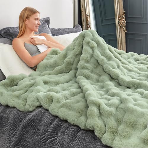 Cozy Bliss Faux Fur Throw Blanket for Couch, Fuzzy Soft Plush Thick Bubble Blanket for Sofa Bedroom Living Room, 60 * 80 Inches Sage Green - color: Sage Green, size: Twin(60" x 80")