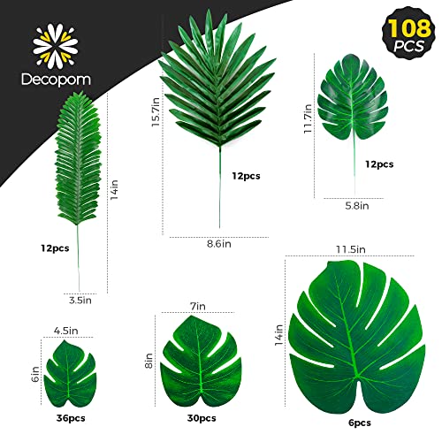 108 Pack Palm Leaves Artificial Tropical Monstera - 6 Kinds Large Small Green Fake Palm Leaf with Stems for Safari Jungle Hawaiian Luau Party Table Decoration Wedding Birthday Theme Party Decorations - style: 108 Pack