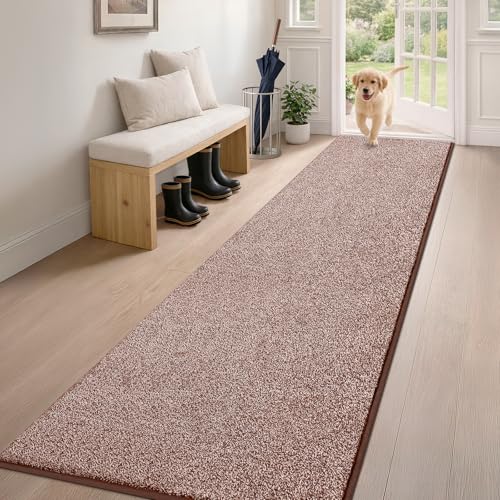 PURRUGS Hallway Runner Rug, 24" x 84", Brown-Light Cream | Machine Washable, Non-Slip, Waterproof TPR Backing, Super Absorbent, Low Profile, For Hallway, Kitchen, and Entryway - color: Brown-light Cream, size: 24" X 84"