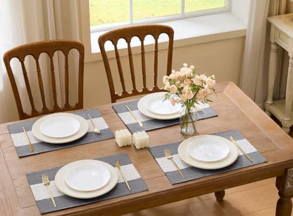 Wracra Linen Placemats Set of 6, Black Macrame Place Mats for Kitchen Table | Stripe Placemats 12 x 18 Inch; Heat Resistant Table Mats; Premium Cotton Linen Woven Fabric; Delicate Splicing Designs - color: Black, size: 12×18 Inch (Set of 6)