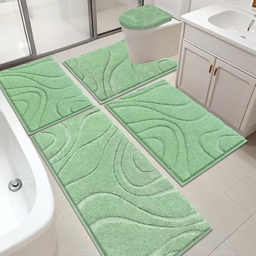 HEBE Bathroom Rugs Sets 5 Piece, Non Slip Washable Absorbent Bath Mat Set | Super Soft Plush Microfiber Bathroom Mats with Runner Set, Solid Bathmat with U-Shaped Toilet Rug Cover Set for Tub, Shower - color: Sage Green, size: 18"x26"+20"x32"+20"x48"+U20"