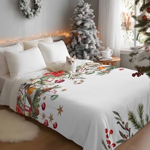Christmas Throw Blanket, Poinsettia Balls Birds Berries Super Soft Warm Flannel Blankets for Bed Couch Sofa Xmas Winter Botanical Lightweight Fluffy Plush Bed Throws 50x60 Inch - color: White Red, size: 50''x60''
