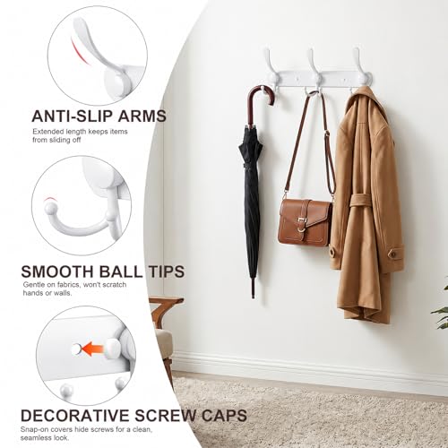 YUNISS Coat Rack Wall Mounted，3 Tri Stainless Steel Coat Hook for Coat Hat Robes Towel in Mudroom Entryway (White, 2 Pack 3 Hook) - color: White, size: 2 Pack 3 Hook