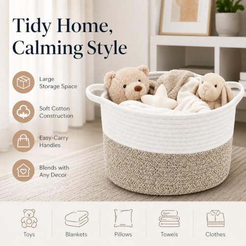Woven Storage Baskets for Organizing - 1 Piece Cotton Rope & Handwoven Cattail Decorative Bins with Reinforced Handles, Nesting Nursery Basket Set for Closet, Shelf, Toys, and Towels