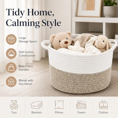 Woven Storage Baskets for Organizing - 1 Piece Cotton Rope & Handwoven Cattail Decorative Bins with Reinforced Handles, Nesting Nursery Basket Set for Closet, Shelf, Toys, and Towels