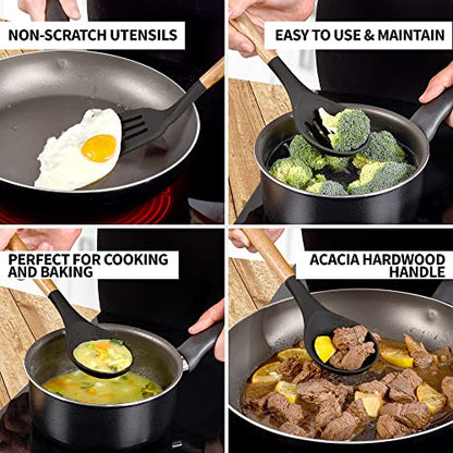Zulay Kitchen 5 Piece Silicone Utensil Set | Non-Stick Silicone Cooking Utensils Set with Acacia Wood Handles - 464°F Heat Resistance Kitchen Utensils Set - Black - color: Black, size: 5-Piece Set