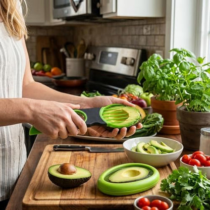 Avocado Slicer, Avocado Cutter Tool, 2-Piece Kitchen Gadget Set with Stainless Steel Blade and Storage Container, Dishwasher Safe for Fruits and Vegetables, Compact Design for Travel and Camping