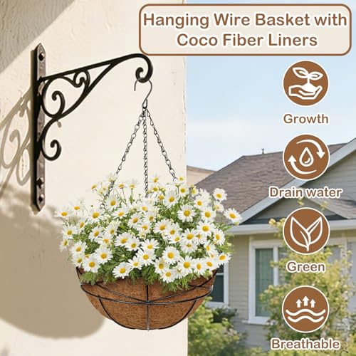 4 Pack 12 inch Metal Hanging Baskets for Plants Outdoor Metal Wire Hanging Basket Planter with Coco Fiber Liners Flower Pots for Home Porch Garden Patio, Diamond-Shaped - size: 12" x 4 Pack, style: Diamond