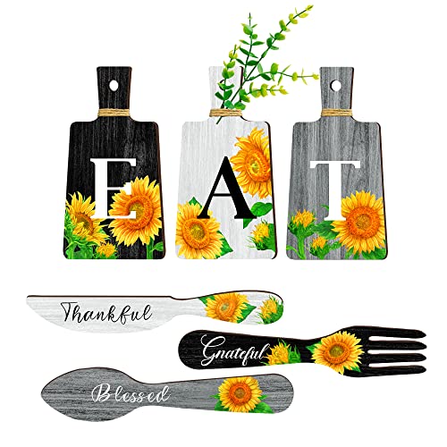 Set of 6 Sunflower Kitchen Decor Eat Sign Fork and Spoons Kitchen Wall Decor Wooden Hanging Plaques Farmhouse Wall Art Home Decor and Accessories（black, white and gray） - color: black, white and gray