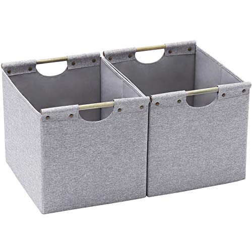 HOONEX Large Foldable Storage Bins, Linen Fabric, 2 Pack, with Wooden Carry Handles and Sturdy Heavy Cardboard, for Home, Office, Car, Nursery, Light Grey - color: Light Grey