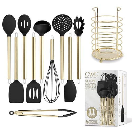COOK WITH COLOR Silicone Cooking Utensils, Kitchen Utensil Set, Easy to Clean Silicone Kitchen Utensils, Cooking Utensils for Nonstick Cookware, Kitchen Gadgets Set with Holder, 10 Pieces